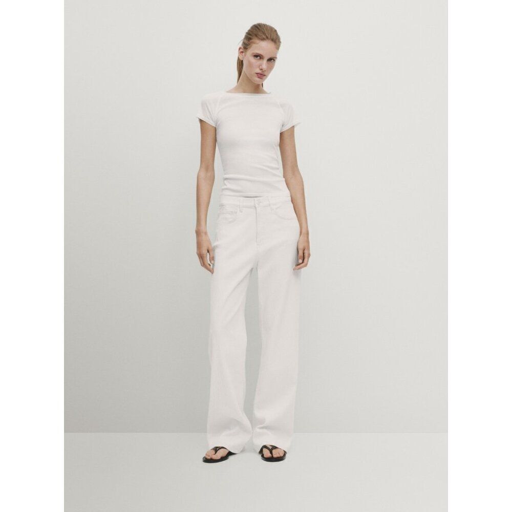 Massimo Dutti Women Jeans EU 38 US 6 Cream Denim Wide Leg High Rise 5002/902 NWT